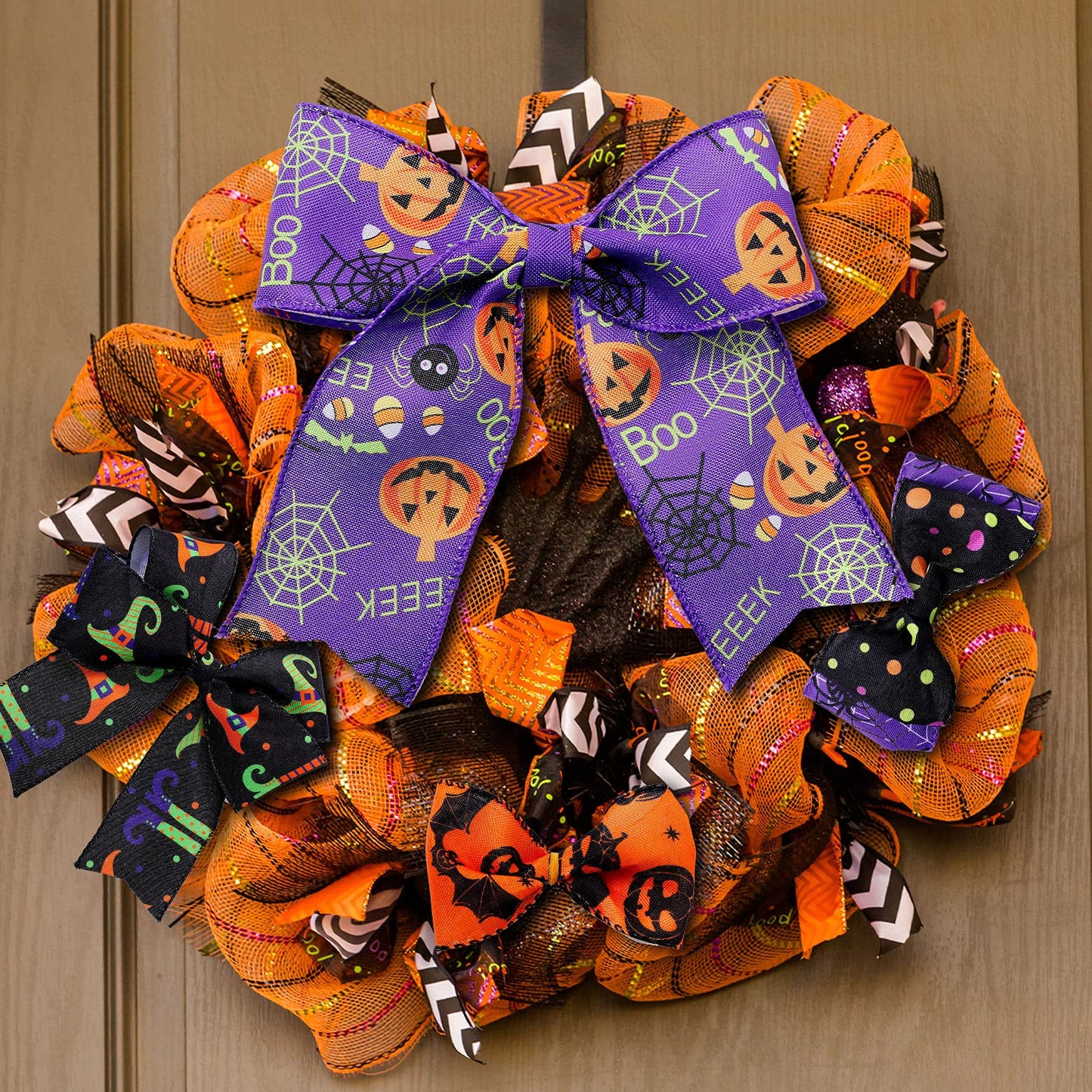 Chuangdi 6 Rolls 30 Yards Halloween Wired Edge Ribbons Bat Spider Web Printed Ribbon Halloween Witch Hat Skull Pumpkin Wired Edge Decoration for Wreaths DIY Crafts Gift Wrapping Supplies