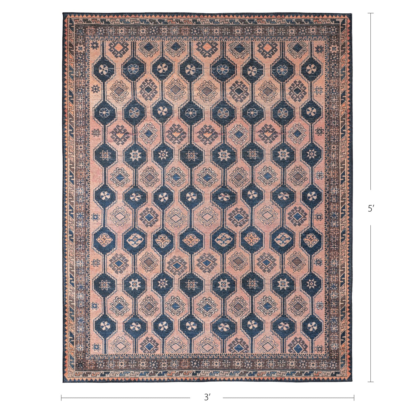 KNOTTING MATTERS Indiclay 3’ x 5’ Area Rug – Blush Pink & Deep Navy Heritage Flatweave, Low-Pile – Easy Clean Accent Rug – Perfect for Entryway, Hallway, Kitchen, Bedroom – Pet & Kid Friendly
