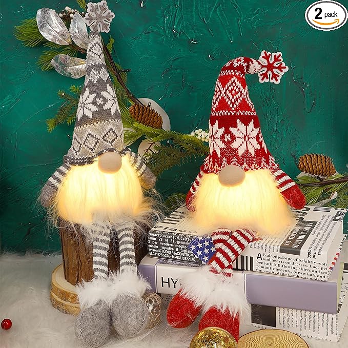 Juegoal 2 Pack Lighted Christmas Gnomes with Dangling Legs, 19.5Inch Handmade Scandinavian Swedish Tomte, Battery Operated Winter Tabletop Christmas Decorations Collectible Figurines