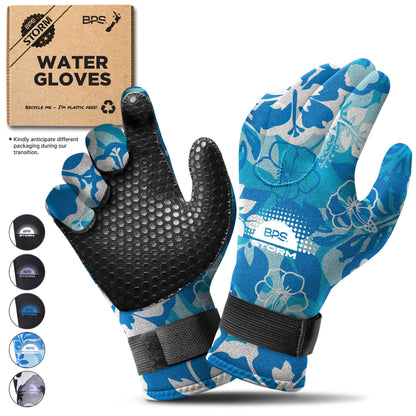 BPS Neoprene 3mm Wetsuit Gloves with Anti-Slip Rubber Printing - Watersports Gloves for Kids and Adults & Men and Women (Floral Blue/White, Small)