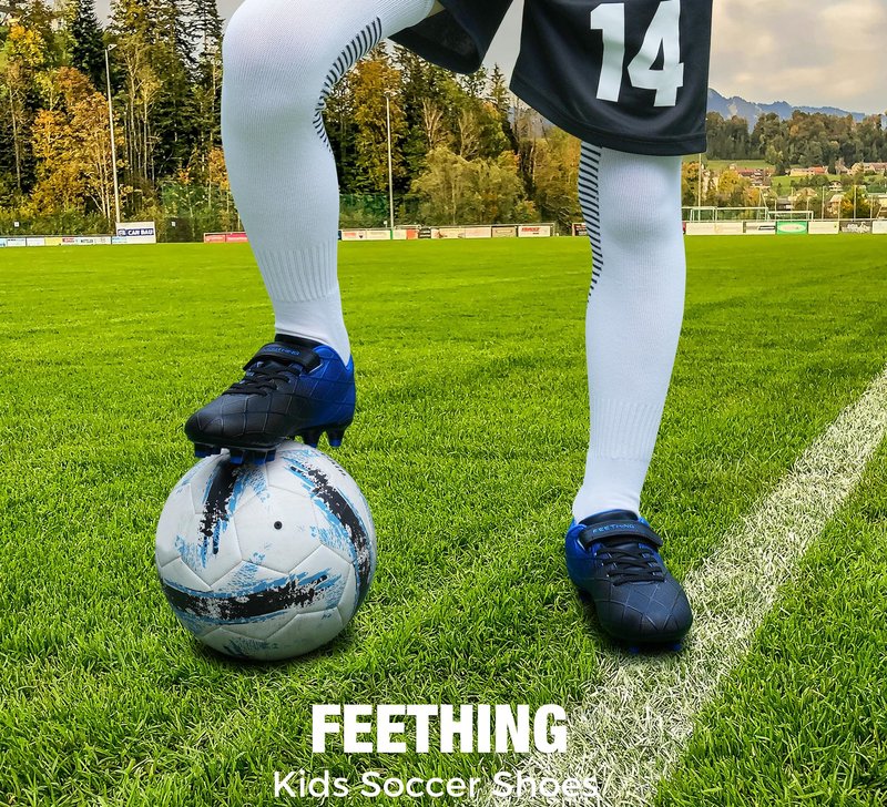 FEETHING Youth Soccer Cleats for Boys and Girls Firm Ground Football Shoes with Easy-On Hook & Loop Closure Lightweight & Breathable for Outdoor Field Play (Little Kid & Big Kid Sizes)