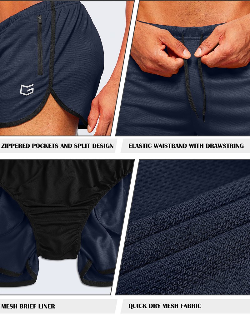 G Gradual Men's Running Shorts 3 Inch Quick Dry Gym Athletic Jogging Shorts with Zipper Pockets (Navy, Medium)