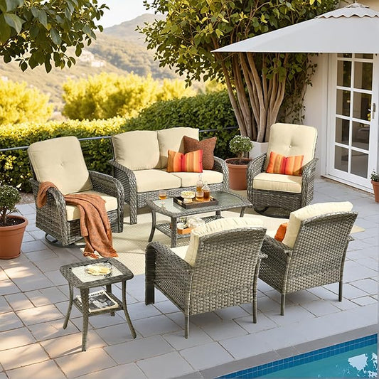 HOOOWOOO Patio Furniture Set,7 Pieces Outdoor Conversation Set,All Weather Wicker Loveseat Sofa Set with High Back Swivel Rocking Chairs Tables,Beige