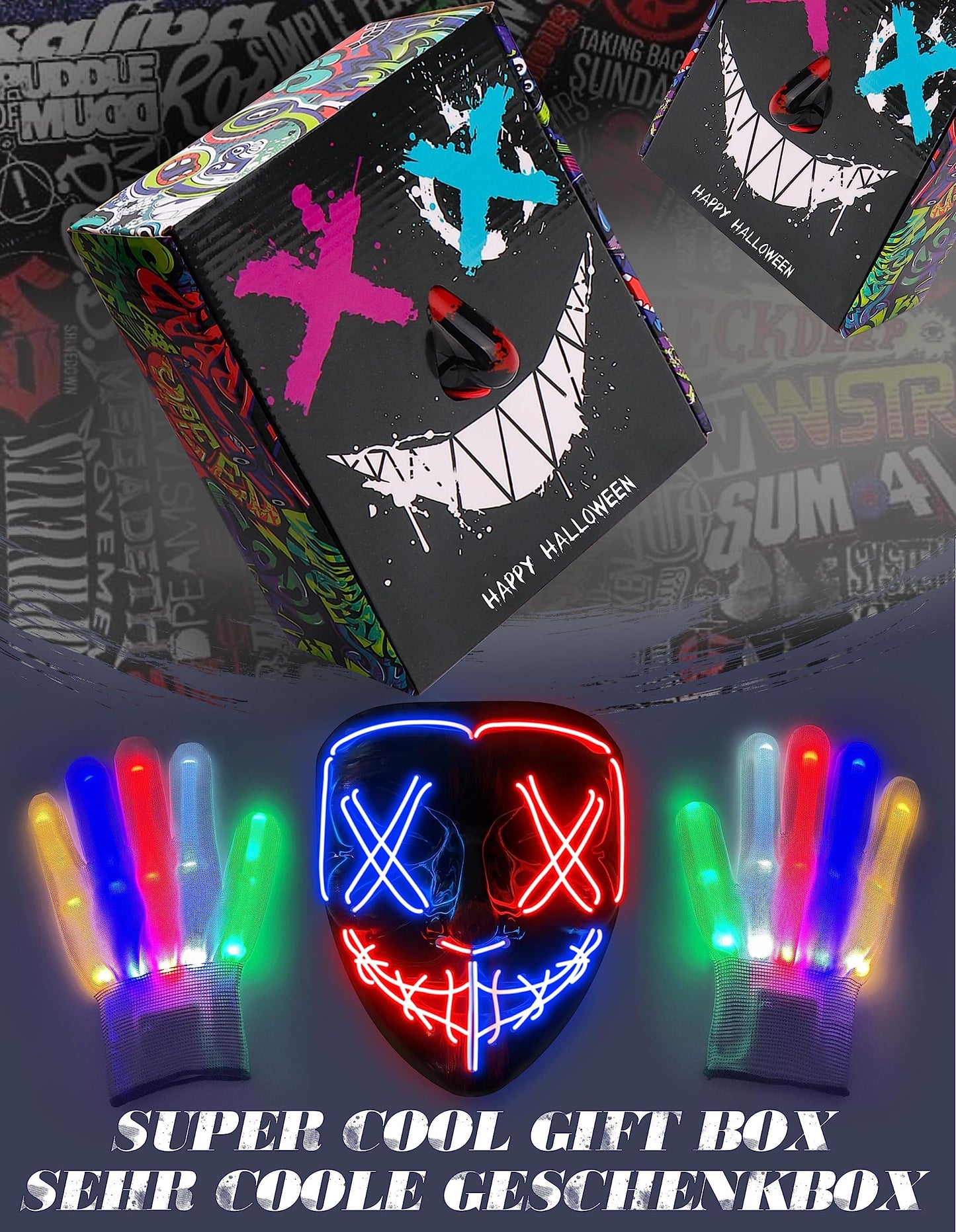 Halloween Mask Skeleton Gloves Set, Halloween Costumes Gifts for Men Women Boys Girls, 3 Modes Light Up Scary LED Mask with LED Glow Gloves, Halloween Decorations Scary Scream Anonymous Masks