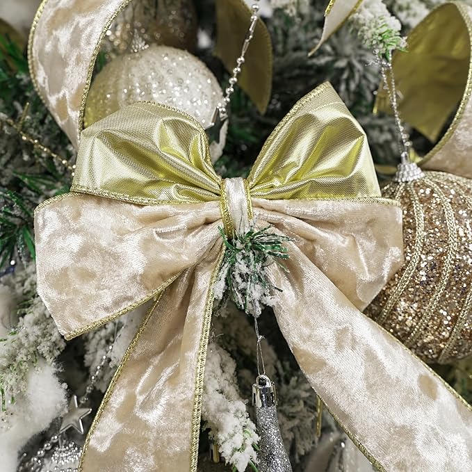MEEDEE Ivory Velvet Ribbon with Gold Back 2.5 inch 10 Yards Double Sided Christmas Wired Ribbon for Christmas Tree Decoration, Baskets, Wreaths, Holiday Projects, Wedding Decor and Accents