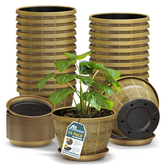 10-Inch Whiskey Barrel Planters Outdoor Pack of 25 - Durable Plastic Plant Pots for Indoor & Outdoor Use with Drainage & Saucer, Lightweight Rustic Barrel Planters for Flowers, Herbs & Small Plants