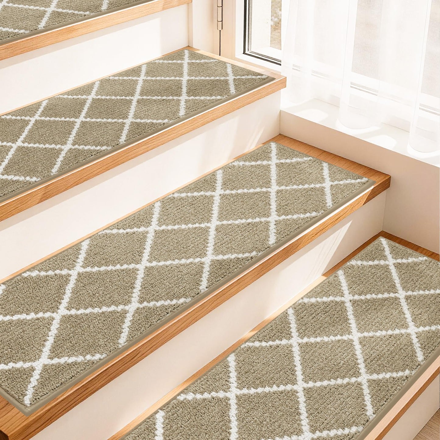 COSY HOMEER Stair Treads for Wooden Steps 9"x28", Non Slip Carpet Stair Treads, Peel and Stick Indoor Runners for Kids Elders and Dogs, 100% Polyester TPE Backing, 4pcs, Beige