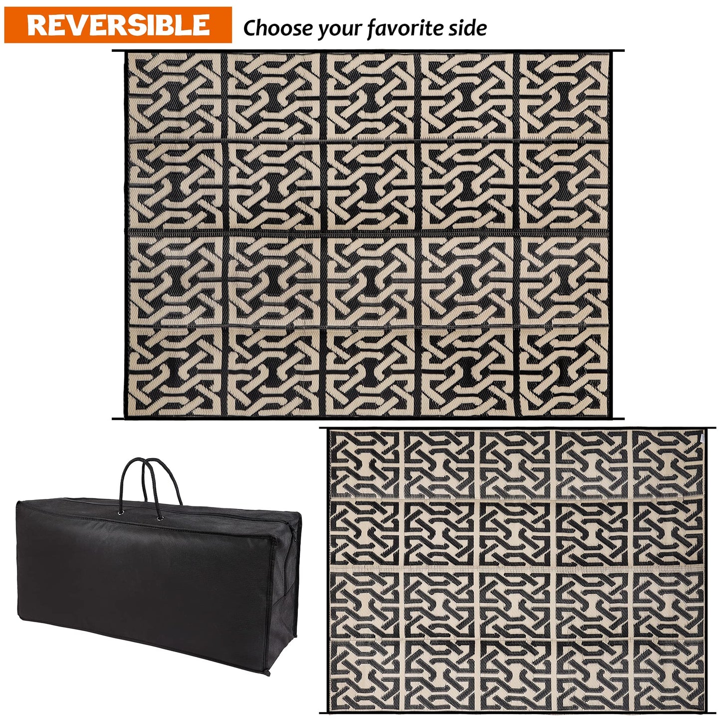 SAND MINE Reversible Mats, Plastic Straw Rug, Modern Area Rug, Large Floor Mat and Rug for Outdoors, RV, Patio, Backyard, Deck, Picnic, Beach, Camping, Trailer, Black & Beige, 9' x 12'