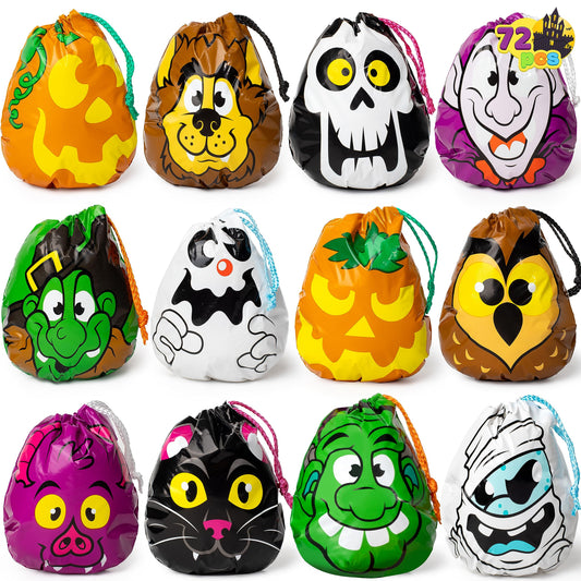 JOYIN 72PCS Halloween Drawstring Goody Bags, Halloween Treats Bags, Trick or Treat Bag, Goodie Candy Gift Bag Bulk for Kids Trick or Treating, Party Favors Supplies, 12 Designs Classroom Gifts Prizes