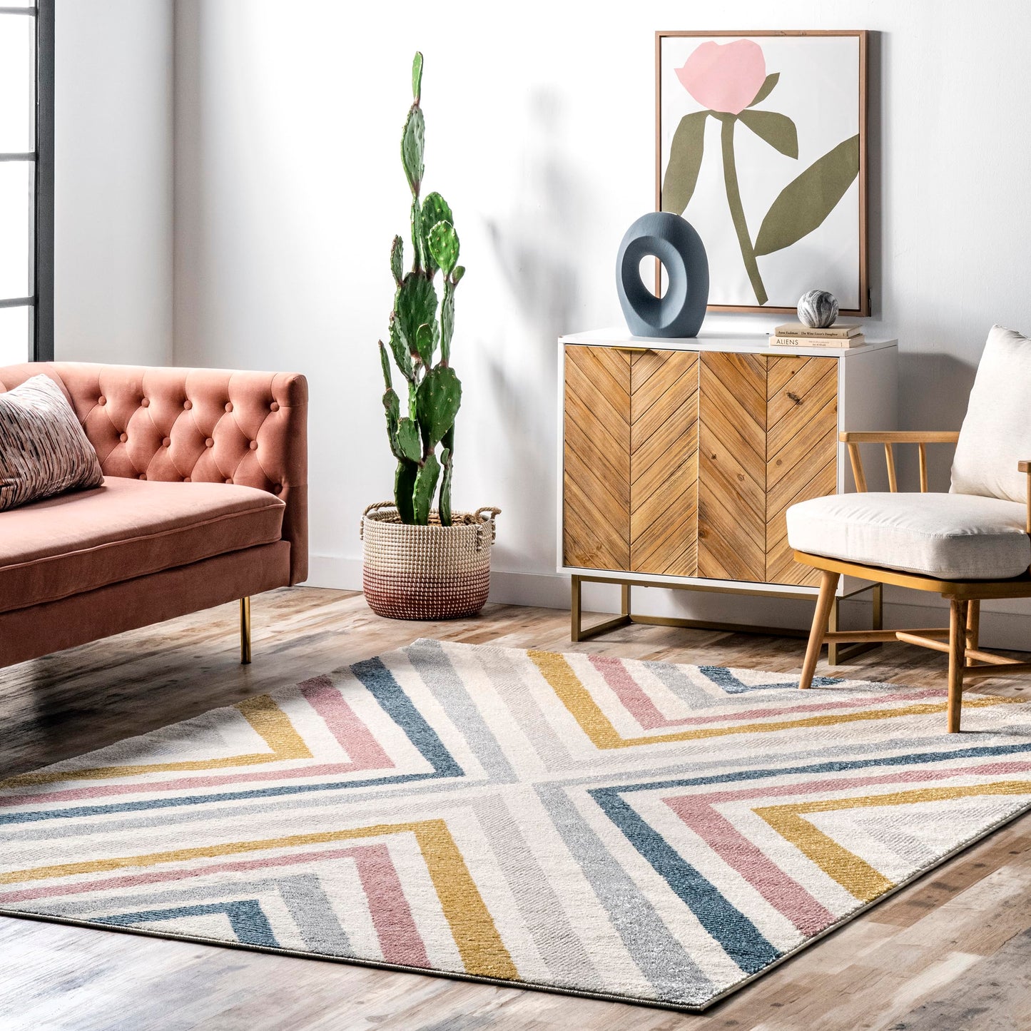 Nuloom Neveah Beige/Ivory, 6'7" x 9', Contemporary, Chevron, Soft and Cozy, High Traffic, Stain Resistant, Easy Clean, Durable Area Rug for Bedroom, Living Room, Dining Space, Den, Foyer, Entryway