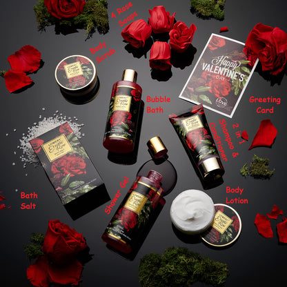 Valentine's Day Gift Basket for Her - Exotic Rose & Spa Bath & Body Set for Women, Anniversary & Birthday Gift with Body Scrub, Bubble Bath, Lotion & More