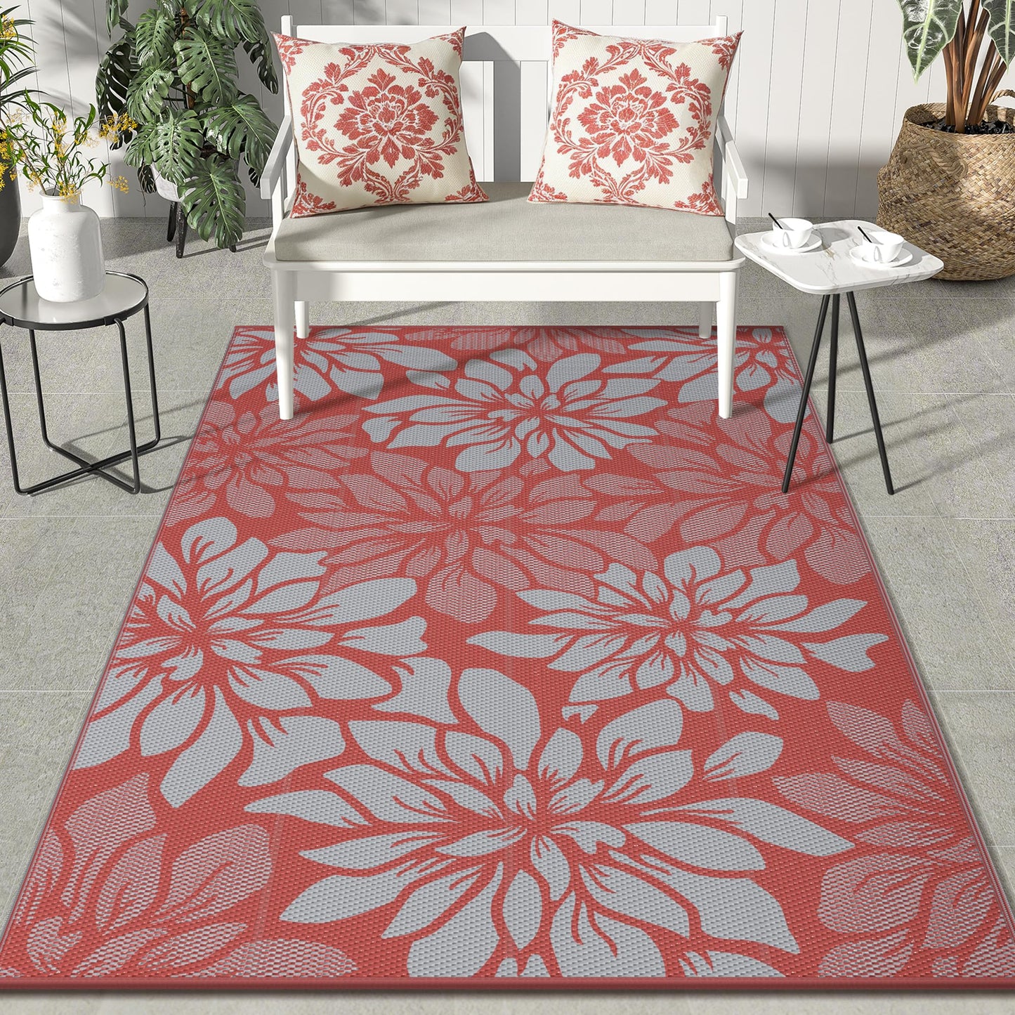 GENIMO Outdoor Rug Waterproof for Patio Decor, 9' x 12' Reversible Plastic Straw Floral Camping Carpet, Large Area Rugs Mats for RV, Camper, Deck, Balcony, Porch, Beach, Picnic, Red & Grey