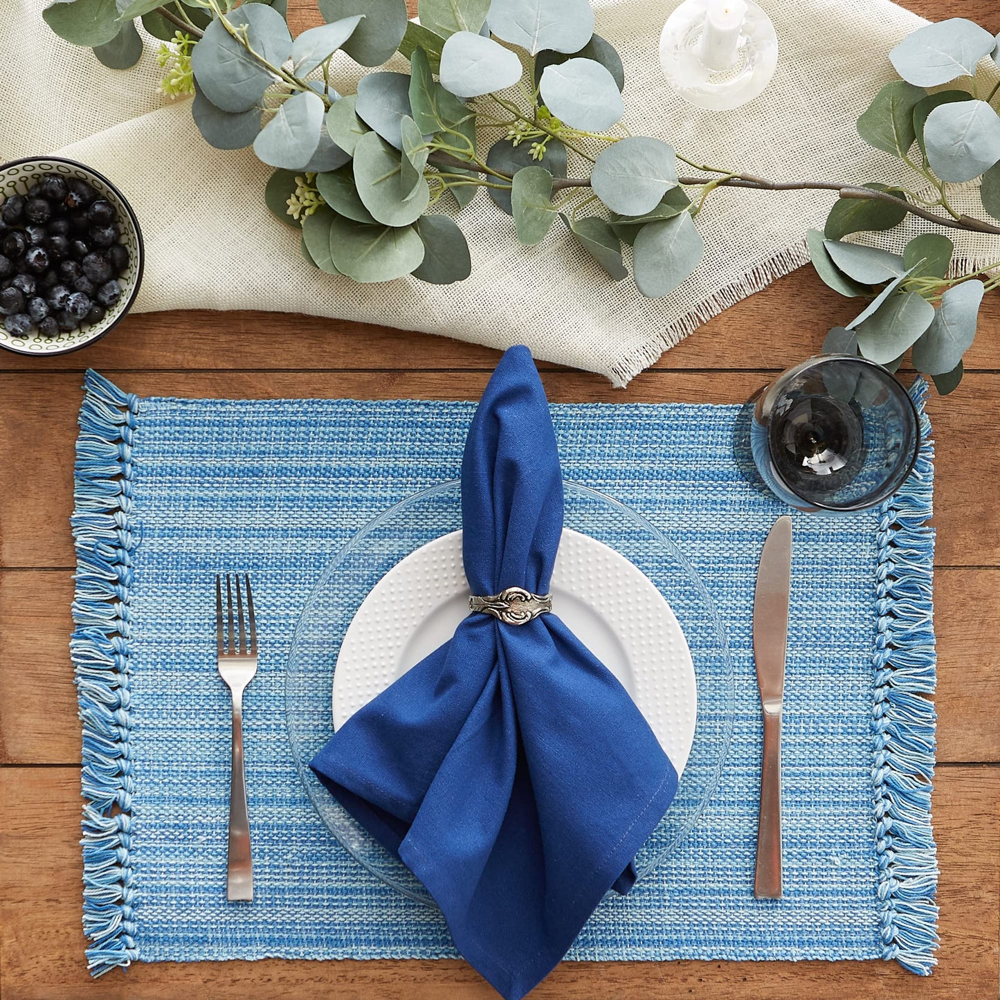 DII 100% Cotton, Tonal Fringe, Variegated, Machine Washable, Everyday Kitchen Basic Placemat, Set of 6, Light Blue