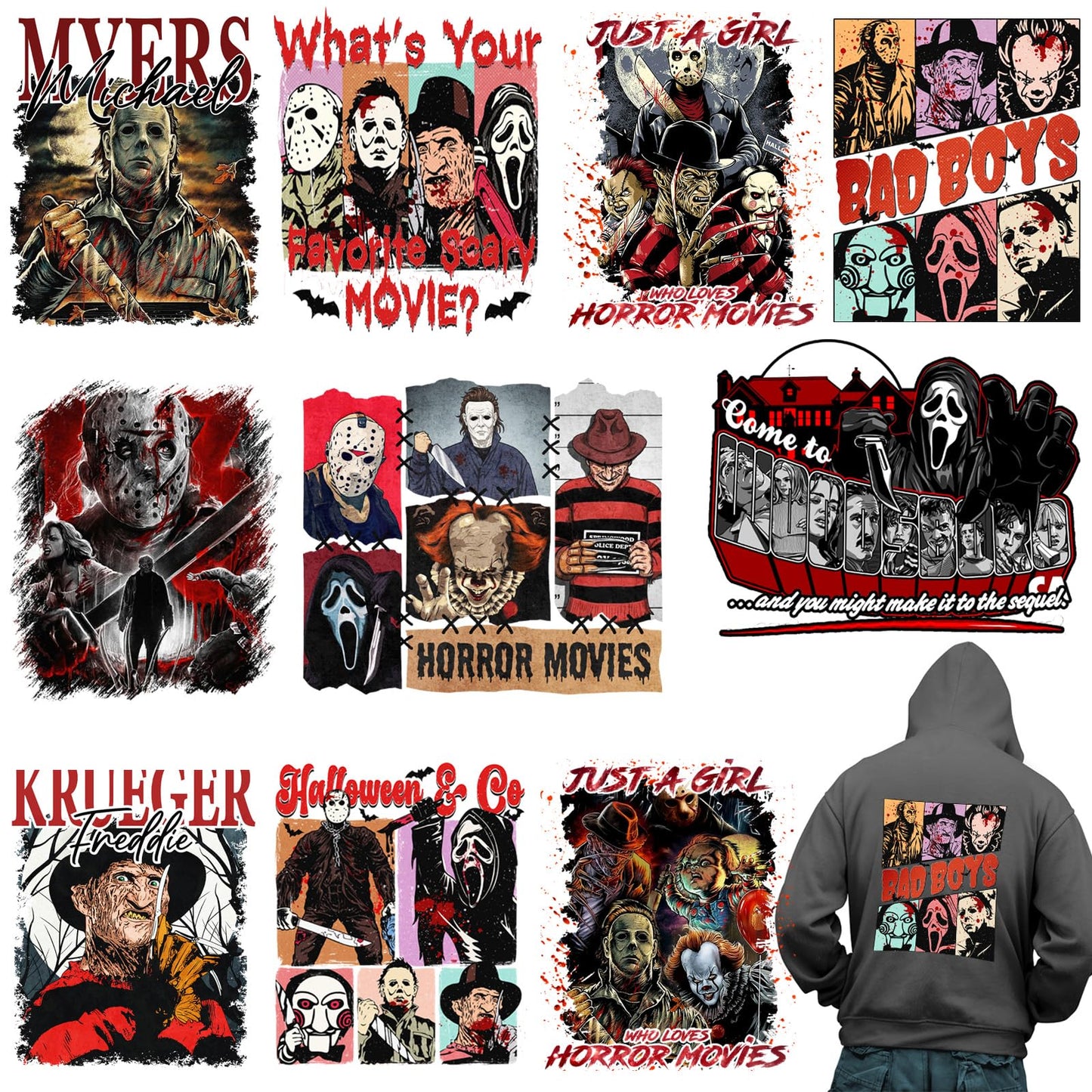 10 Sheets Halloween Iron on Patches Stickers, Halloween Iron on Transfers for T-Shirts, Horror Movie Characters,Halloween Heat Transfer Vinyl Iron on Decals for Bags Clothes