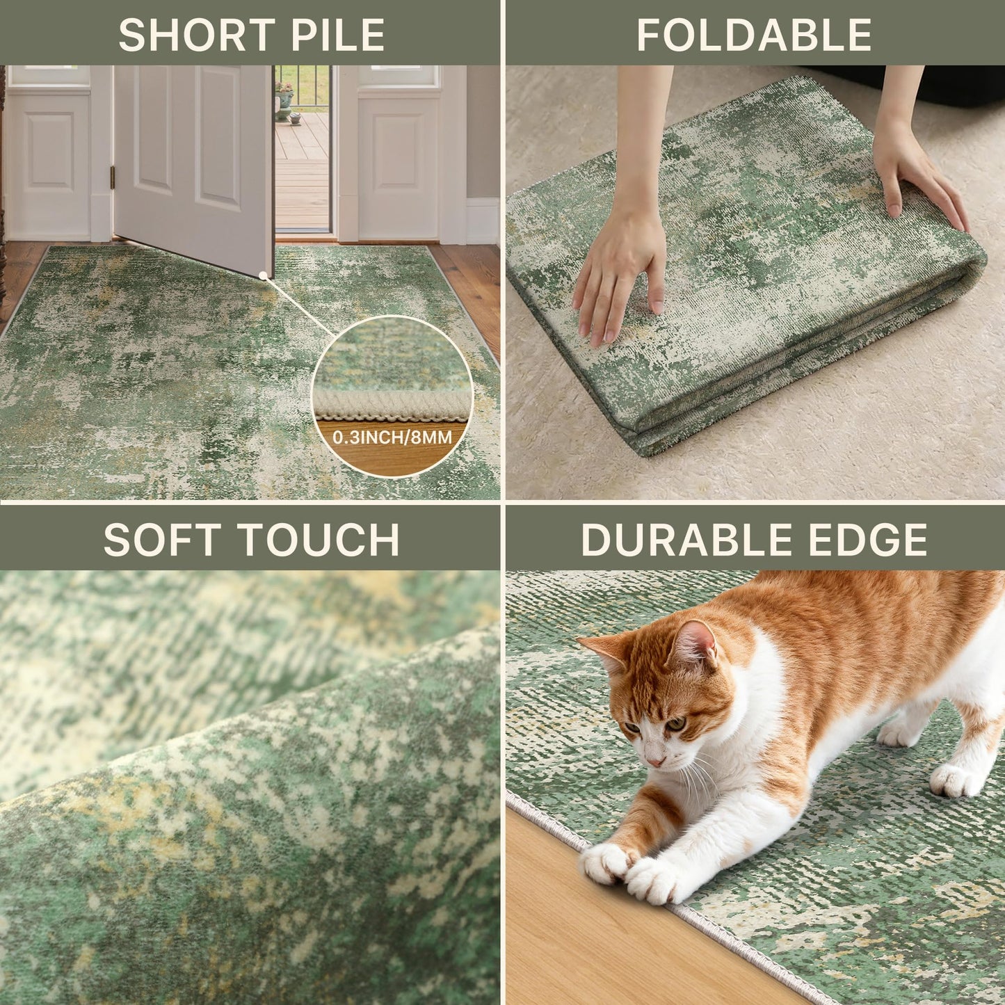 GENIMO 8x10 Area Rugs for Living Room, Machine Washable Rug Non Slip, Low Pile Ultra-Thin Lightweight Large Carpet, Abstract Modern Rugs for Bedroom, Dining Room, Office, Nursery, Olive Green