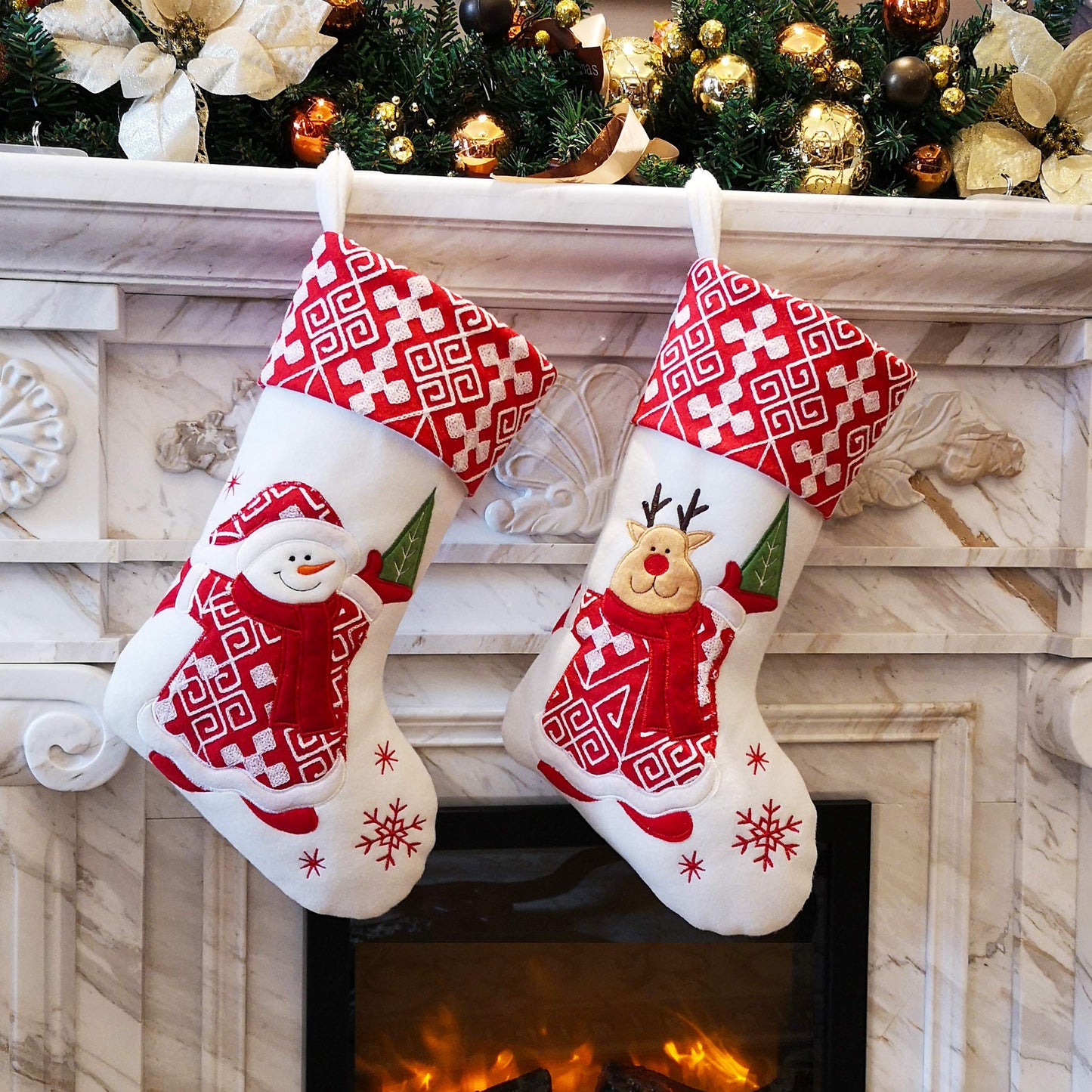 WEWILL Classic Christmas Stockings Set of 2 Elk, Snowman Xmas Character 17 inch Christmas Decorations Gift for Family Kids (Style 4)