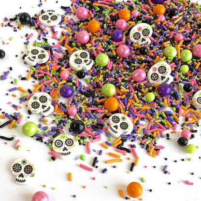 Sprinkle Pop Dia De Los Muertos Sprinkle Mix| Black Pink Purple Lime Orange Sprinkles| Halloween Sprinkles with ~6 Day of the Dead Sugar Skulls Made in USA for Decorating Cake Cookies Cupcakes, 2oz