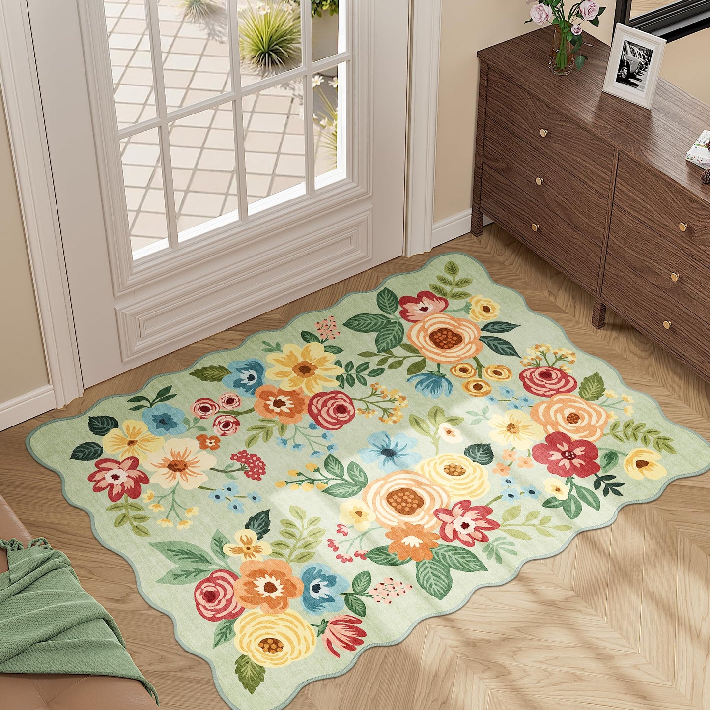 DUKINO 2x3 Entryway Rug, Floral Washable Indoor Door Mat with Non-Slip Backing, Soft Low Pile Small Front Door Throw Rugs for Entryway, Kitchen, Bedroom, Laundry, Bathroom, Green