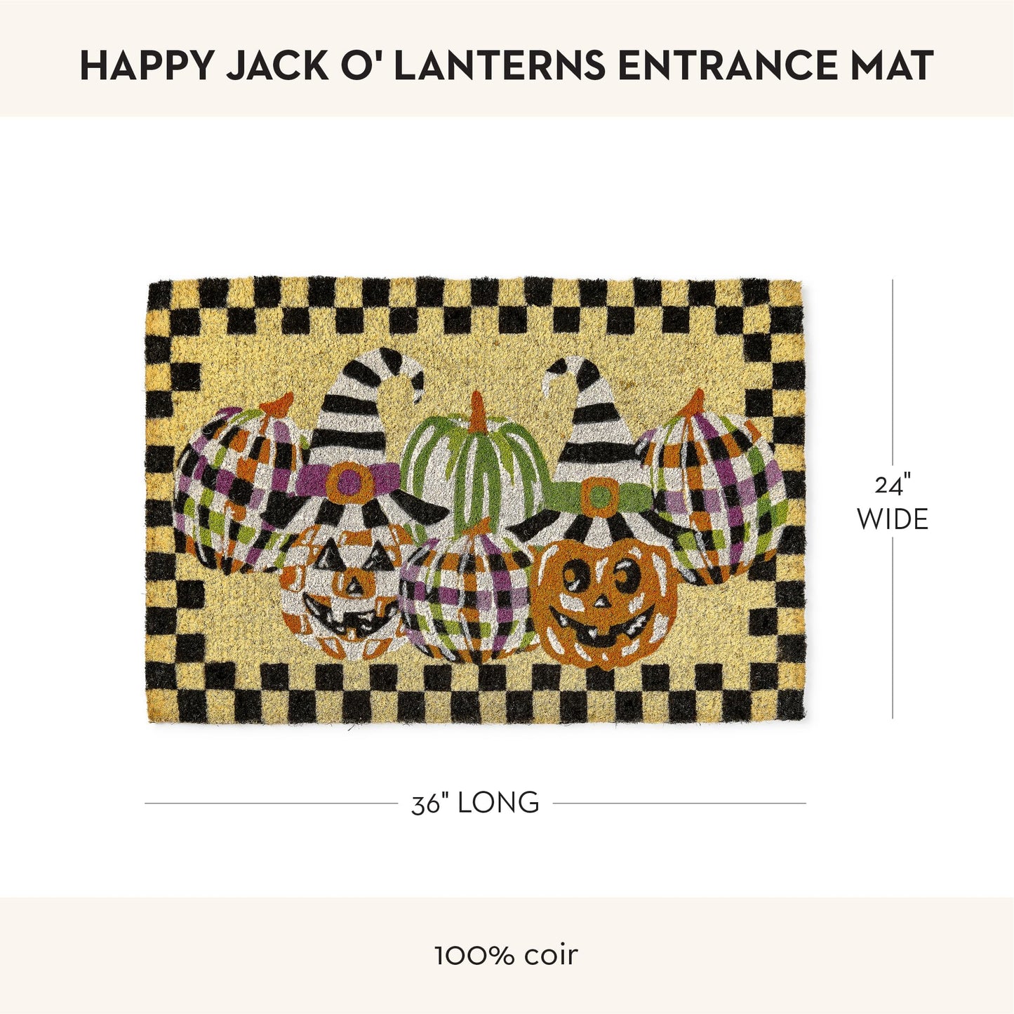 MACKENZIE-CHILDS Entrance Mat, Decorative Outdoor Front Door Mat, Coir Door Mat, 24" x 36", Happy Jack-O’-Lanterns