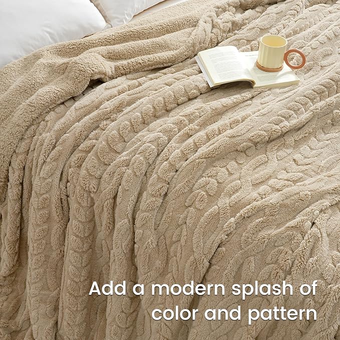 PHF Fluffy Sherpa Blanket Twin Size for Winter, Warm and Soft, 510GSM 3D Jacquard Thick Shaggy Fleece Plush Blanket for Sofa Bed, Khaki, 60"x80"