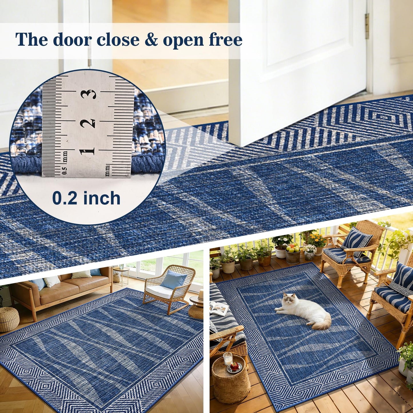 Jute Rug 3x5 Outdoor Patio Rug with Border, Washable Rugs for Entryway Porch, Farmhouse Non Slip Area Rugs with Rubber Backing, Non Shedding Carpet for Indoor Outdoor Bedroom, Courtyard, Blue