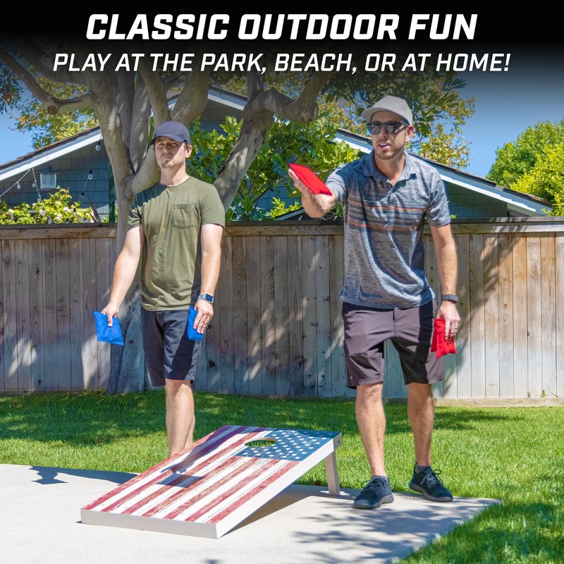 GoSports 4 x 2 ft Regulation Size Wood Cornhole Board Set - Rustic American Flag Design, Includes 2 Boards, 8 Bean Bags, Carrying Case and Game Rules