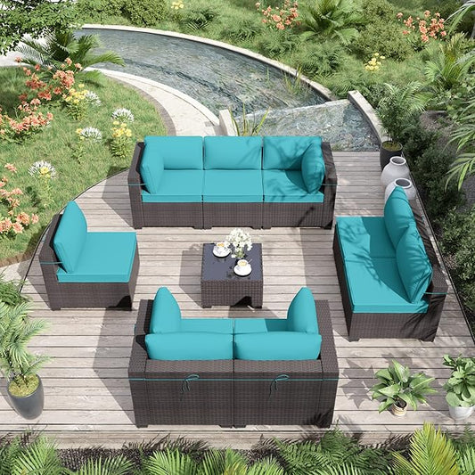 ALAULM 9 Pieces Outdoor Patio Furniture Set Sectional Sofa Sets Brown PE Rattan Patio Conversation Set w/8 Blue Seat Cushions and 1 Coffee Table