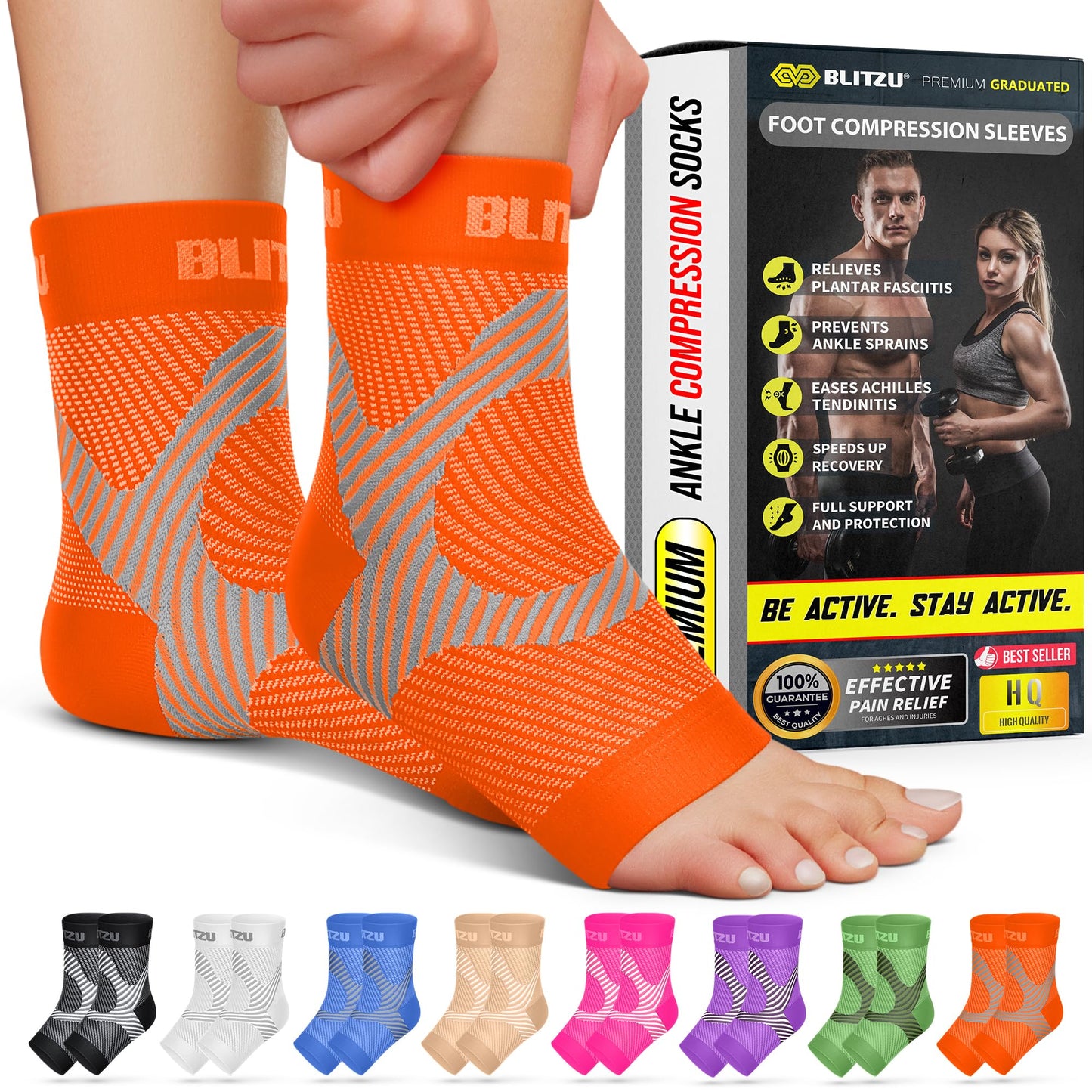 Compression Socks for Plantar Fasciitis, Achilles Tendonitis, Arthritis Relief, Ankle Brace Compression Sleeve with Foot Arch Support, Ankle Wrap for Women, Men, Swelling & Heel Pain Orange L-XL