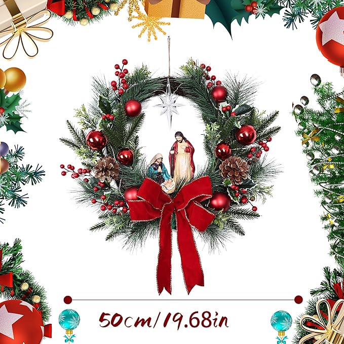 Moonet 19" Christmas Wreath with LED Lights Jesus Nativity Scene Garland for Home Hanging Ornament, Holiday Wreath with Lights for Front Door, Window, Fireplace