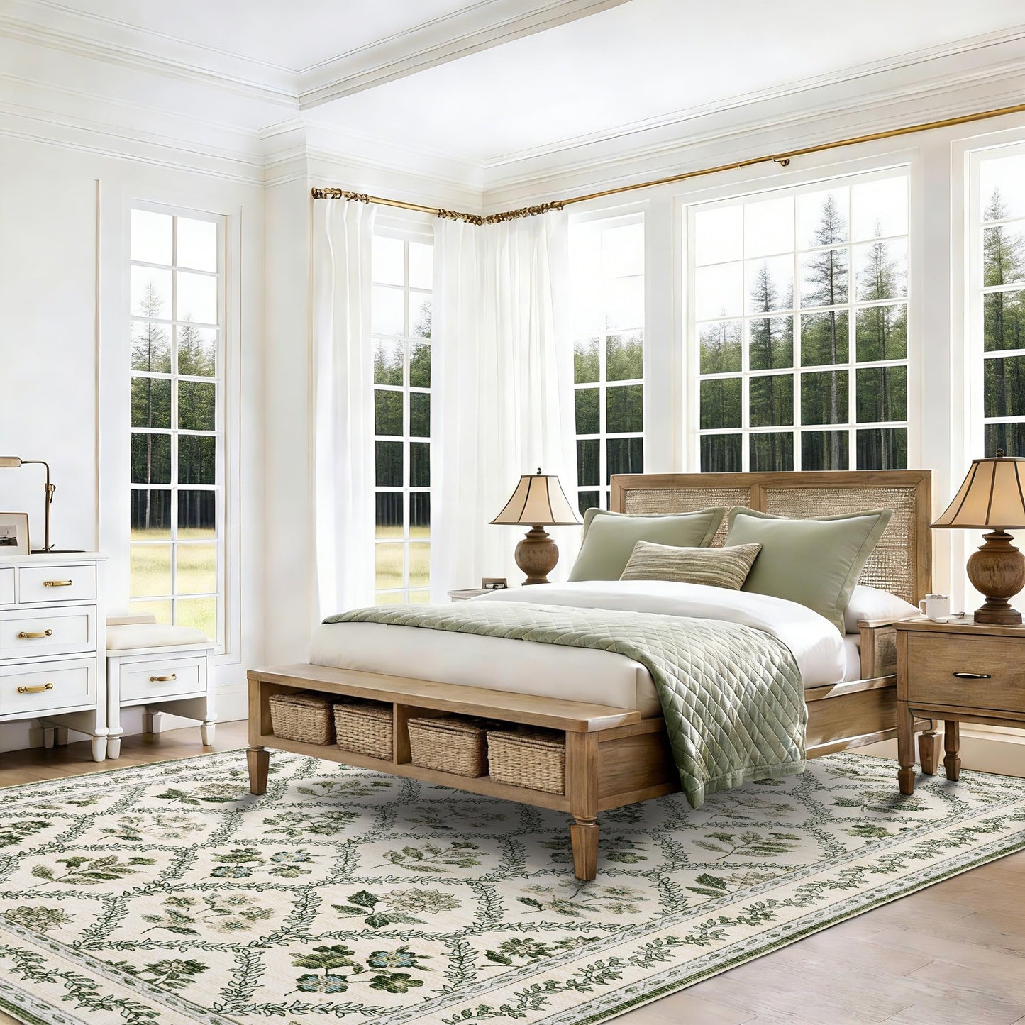 Green Floral Living Room Rug 5x8 Olive Green and Beige Area Rug Washable Bedroom, Low-Pile Soft Dining Room Farmhouse Boho Cottage Aesthetic Vintage Floor Covering Print Playroom Carpet