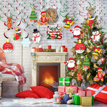 30 Pcs Christmas Hanging Foil Swirl Decorations Set Xmas Holiday Snowman Elk Sign Hanging Swirls Ceiling Decorations for Indoor Outdoor Xmas Holiday Party Supplies (Snowman Elk)