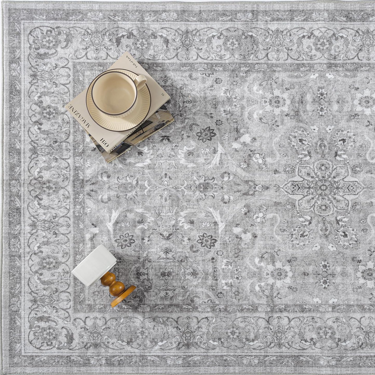 PureCozy Gray 8x10 Area Rug Washable Living Room Vintage Carpet Bedroom Large Indoor Non Slip Soft Low Pile Thin Stain Resistant Distressed Accent Throw Rug for Dining Office Nursery