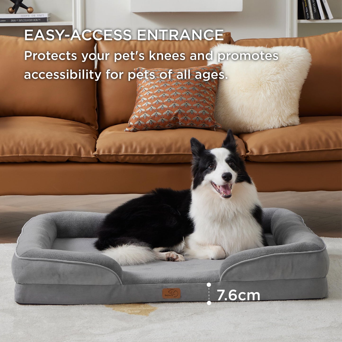 Bedsure Large Dog Bed Sofa - Washable Orthopedic Dog Beds and Couch with Removable Flannel Cover, Waterproof Dog Pillow with U-Shape Bolster, Grey Squre Pet Bed, 89x63x16cm