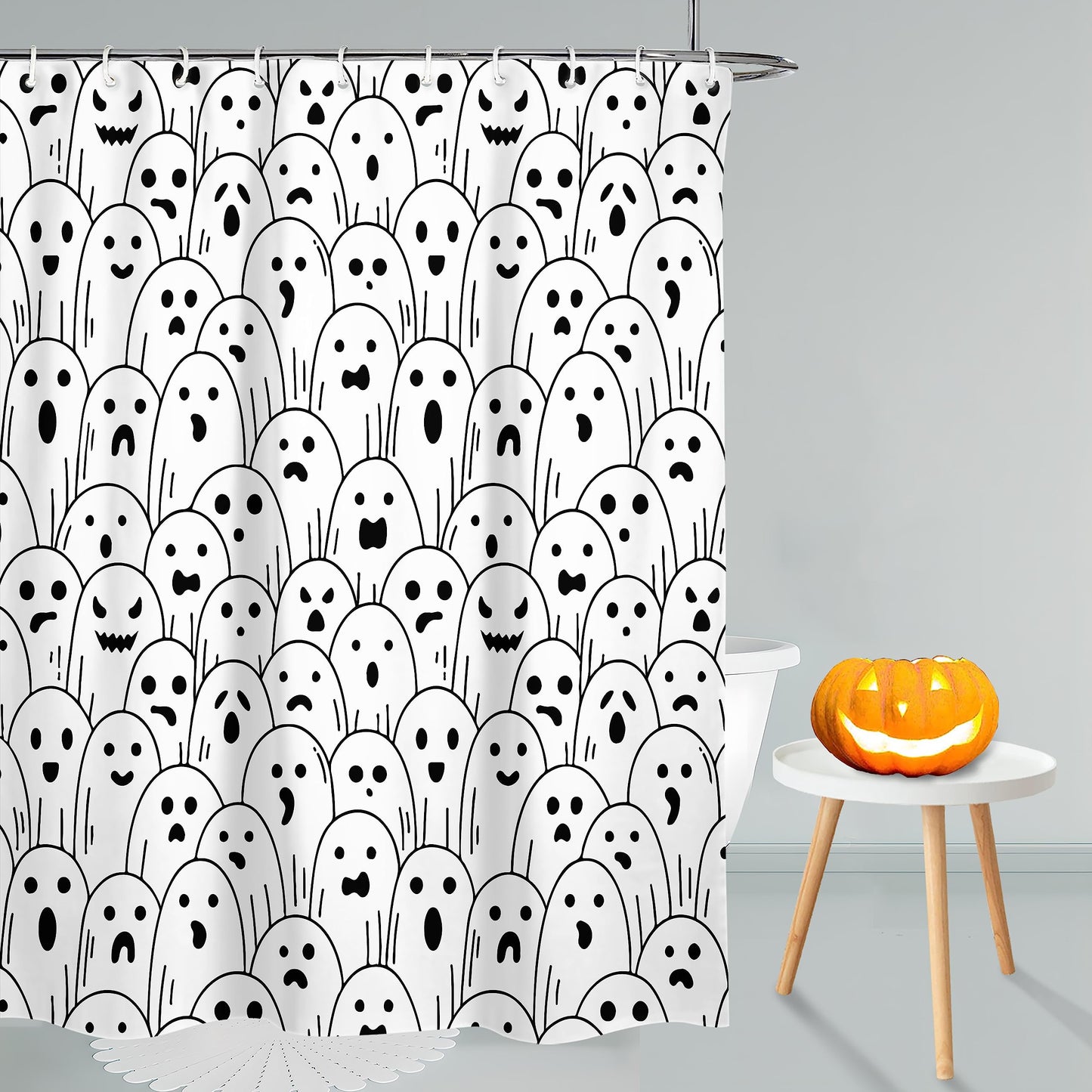 Spooky Ghost Shower Curtain, Waterproof Fabric with Hooks - 72x72 Inch, Perfect for Halloween Bathroom Decor