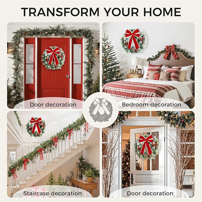 Pinkpum Lighted Christmas Wreath for Front Door Decor 16.5" Green Winter Wreath with LED String Lights for Home Wall Window Porch Farmhouse Indoor Outdoor Decorations Berries Pine Cones Bow 1 Pack