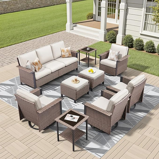 Outdoor Patio Furniture Set-9 Pieces All-Weather Wicker 3 Seater Sofa with Swivel Rocker Patio Chairs Set of 4, Wicker Outdoor Conversation Sets for Porch Deck Backyard Garden Brown/Beige