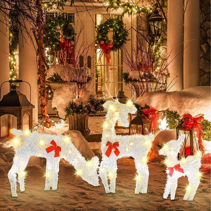 Joliyoou Christmas Yard Decoration, Set of 3 Pre-lit Reindeer with 60 LEDs Warm White Lights, 2D Light Up Tinsel Reindeer Family for Xmas Front Door Indoor Outdoor Lighted Holiday Displays