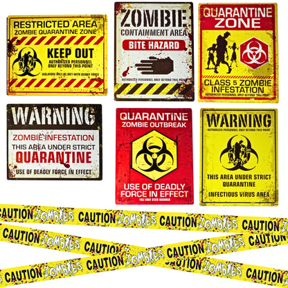 4E's Novelty 6 Warning Signs 11x14" with Caution Tape Roll 20 Feet - Halloween Zombie Party Decorations Halloween Indoor Outdoor Yard Signs Beware Danger Door Posters Haunted House Decor