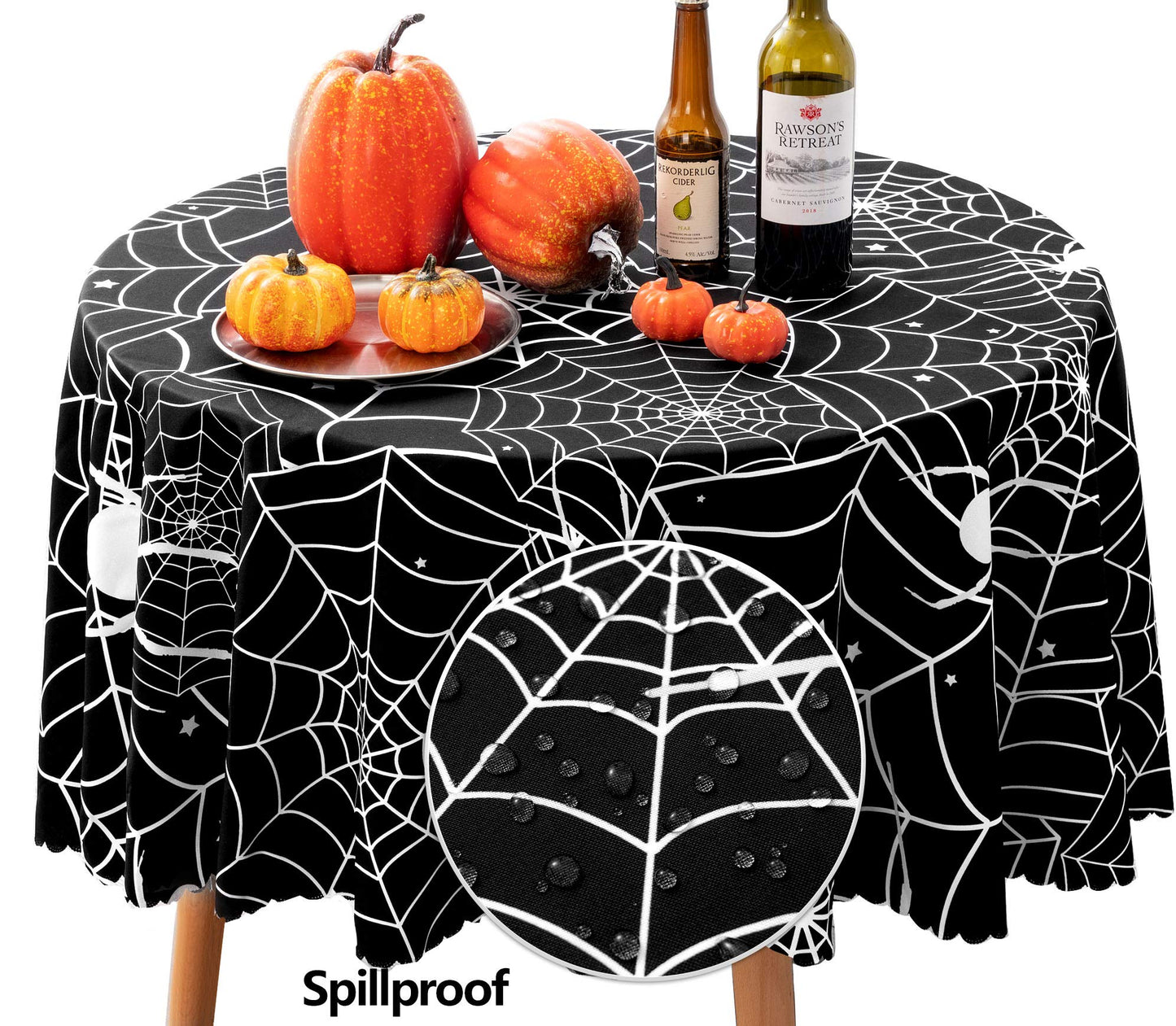 60 Inch Round Polyester Tablecloth, Halloween Black Spider Web Table Cloth, Spillproof Washable Polyester Table Cover - Perfect for Halloween Party Decorations