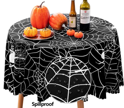 60 Inch Round Polyester Tablecloth, Halloween Black Spider Web Table Cloth, Spillproof Washable Polyester Table Cover - Perfect for Halloween Party Decorations