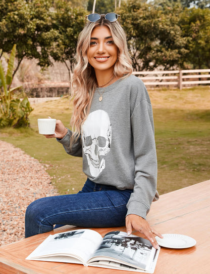 Blooming Jelly Women's Halloween Sweatshirts Skull Graphic T Shirts Long Sleeve Pullover Gothic Fall Trendy Outfits 2024 (Large, Grey)