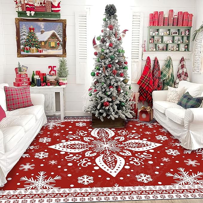 5' X 7' Christmas Rugs Indoor Snowflake Area Rugs for Living Room Bedroom Dining Room Classroom Dorm Fluffy Red Snowfall Carpet for Girls Kids Women Floor Mat Xmas Decor