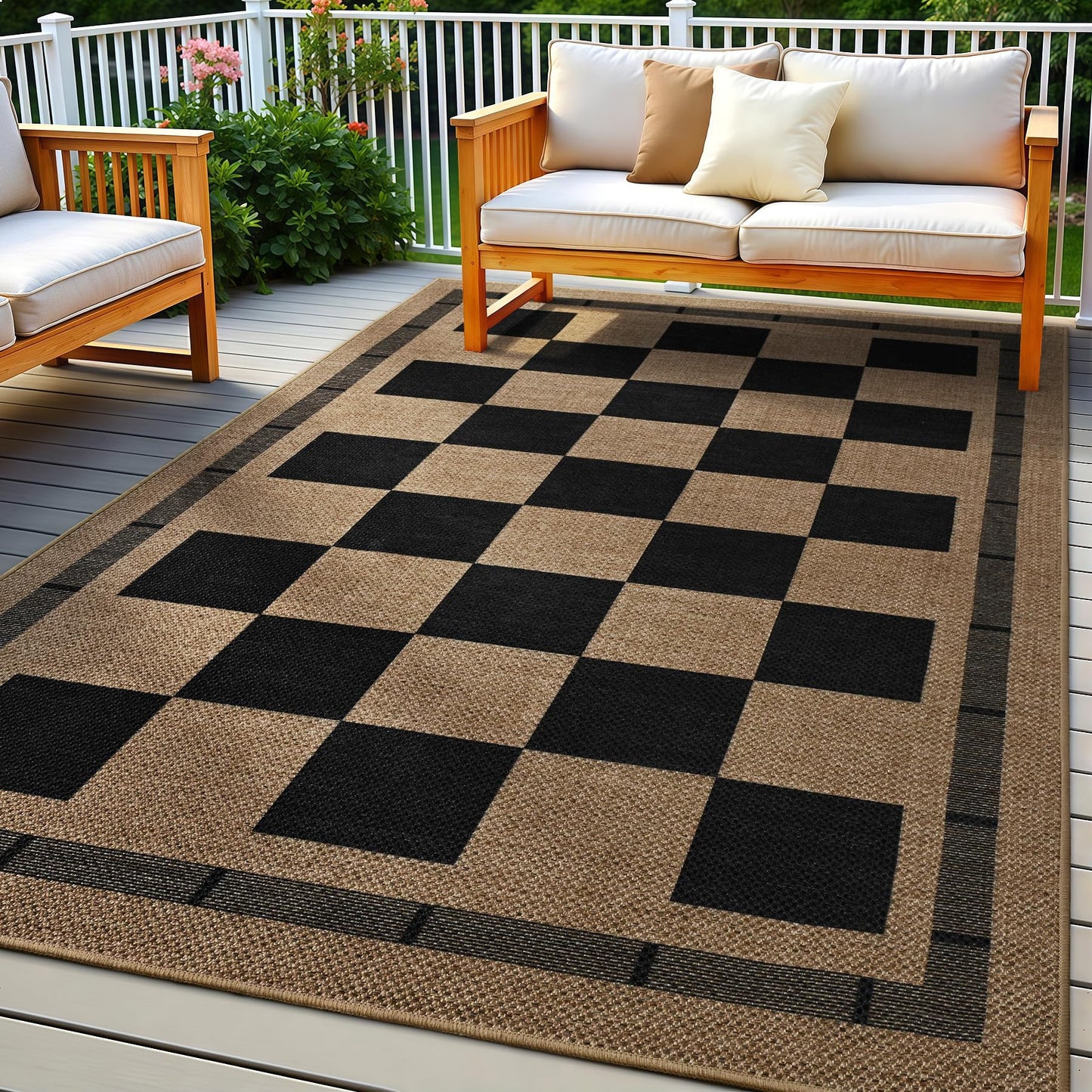3x5 Outdoor Rug, Jute Checkered Rugs, Patio, Entryway, Balcony, Porch Indoor Plaid Carpets, Washable Bedroom Kitchen Carpet, Non Slip Farmhouse Neutral Laundry Office Floor Mat, Black and Brown