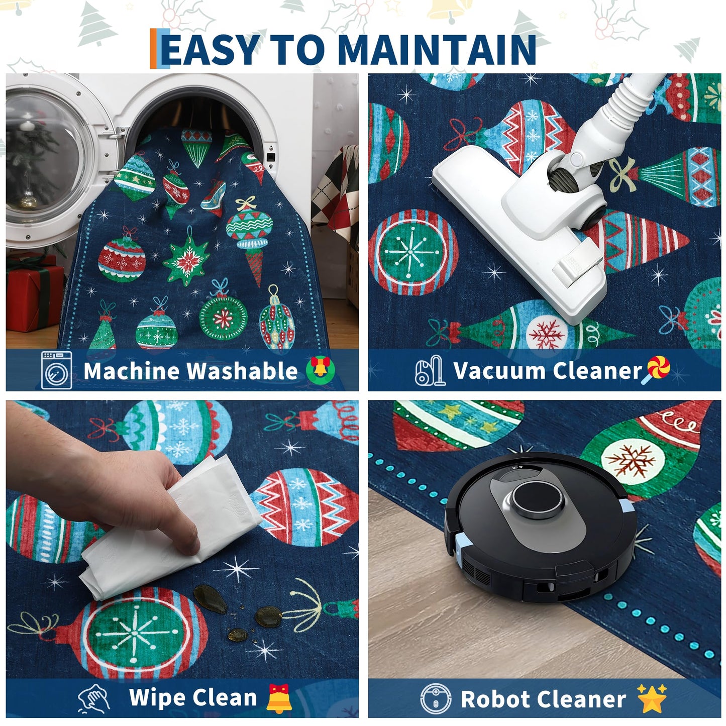COZYLOOM Washable Christmas Rug 5x7 Holiday Decorative Floor Mats, Non-Slip Non-Shedding Christmas Carpet, Easy Cleaning Low Pile Indoor Rug for Living Room, Bedroom, Nursery, Blue