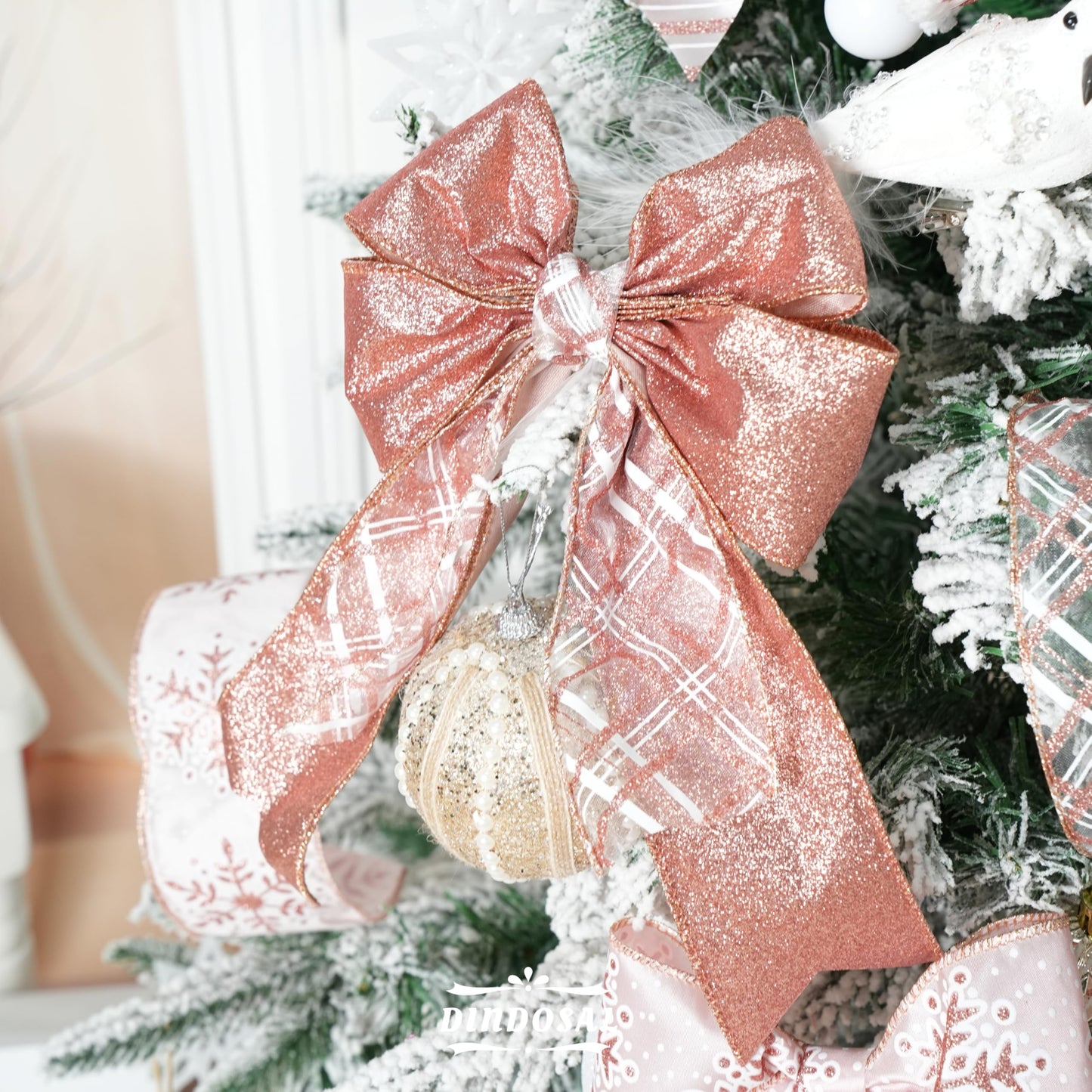 DINDOSAL Rose Gold Christmas Ribbon Wired 2.5" Pink Christmas Tree Ribbon Garland Rose Gold Glitter Wired Ribbon for Crafts, Wreaths, Topper Bows, Gift Wrapping, Home Decor (6 Rolls 36 Yards)