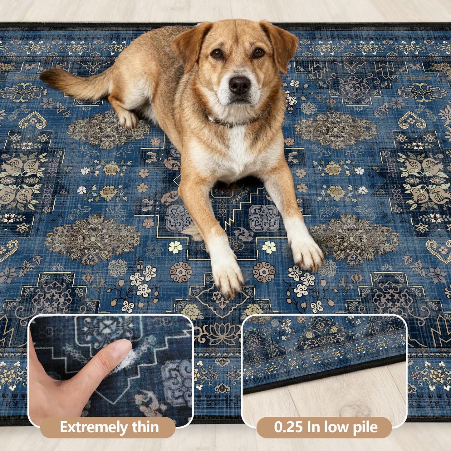 Runner Rug 2'x6' Vintage Boho Kitchen Rugs Washable Mat Non-Slip Soft Carpet with Rubber Backing Rugs for Hallways, Kitchen, Laundry, Bedroom, Bathroom, Blue