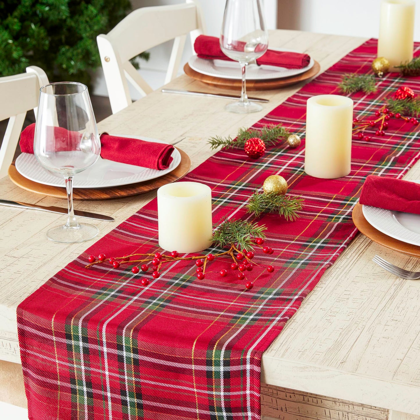 DII Holiday Dining Table & Kitchen Décor Metallic Fabric, Christmas Table Runner, 14x108, Red Tartan Plaid