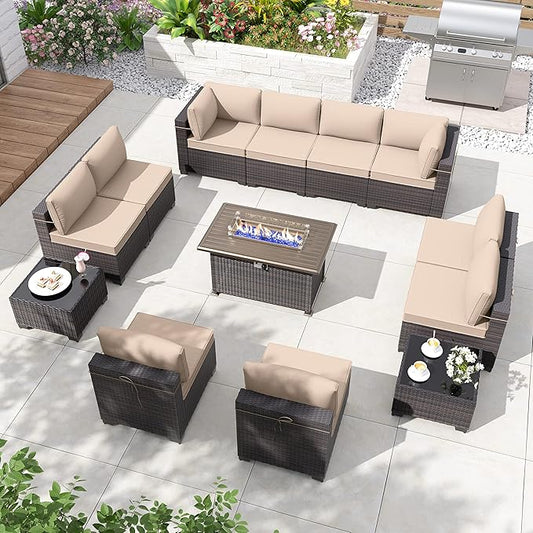 ALAULM 13 Pieces Patio Furniture Set with Fire Pit Table Outdoor Sectional Sofa Sets Outdoor Furniture 43" Gas Fire Pit CSA Approved PE Rattan Patio Conversation Set w/10 Seat Cushions (Sand)