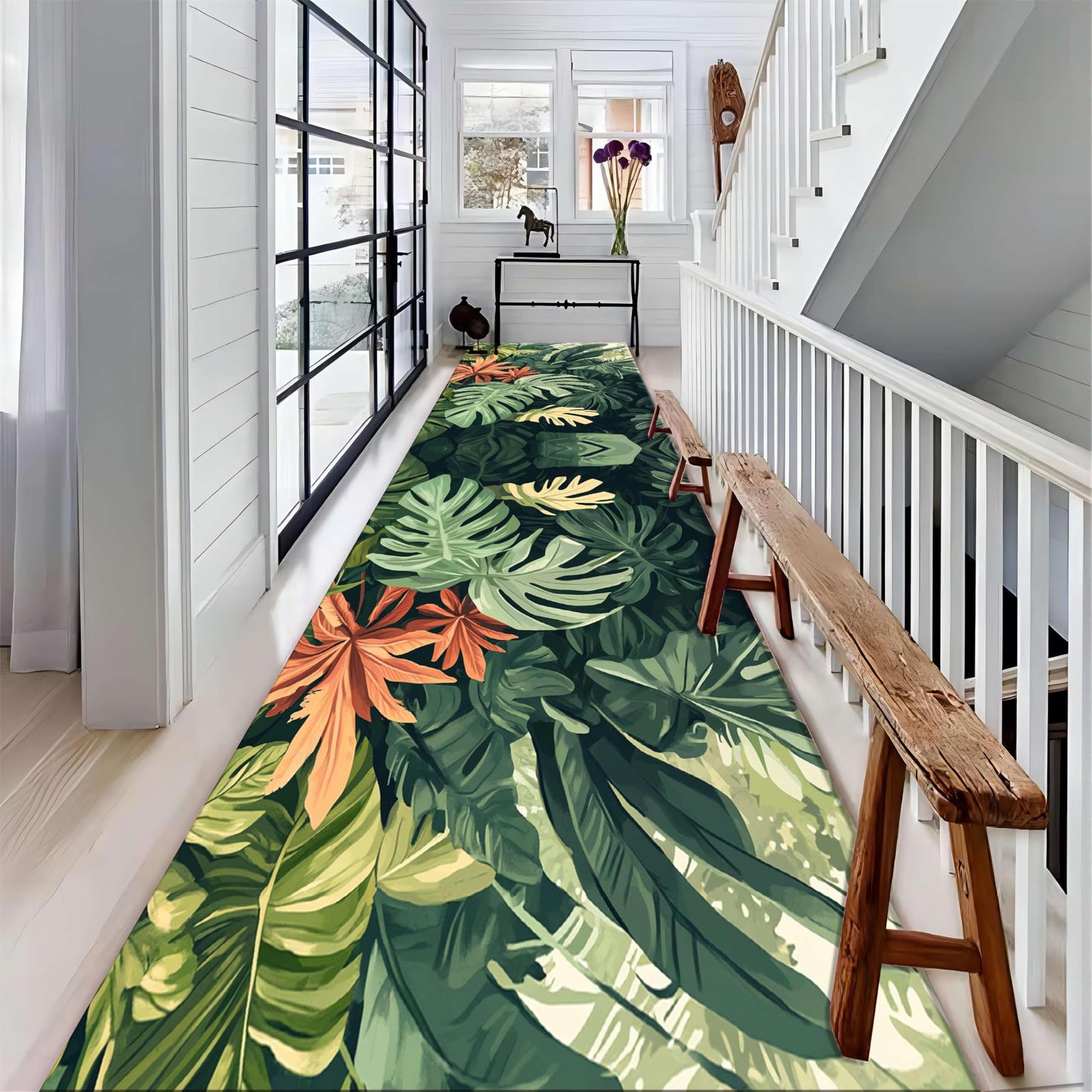 Tropical Leaves Runner Rug, 2x7ft, Hawaiian Bohemian Palm Leaf Monstera Plant Runner Hallway Rug, With Rubber Backing Green Leaf Soft Floor Rug for Bedroom Kitchen Dining Room Laundry Room - Green