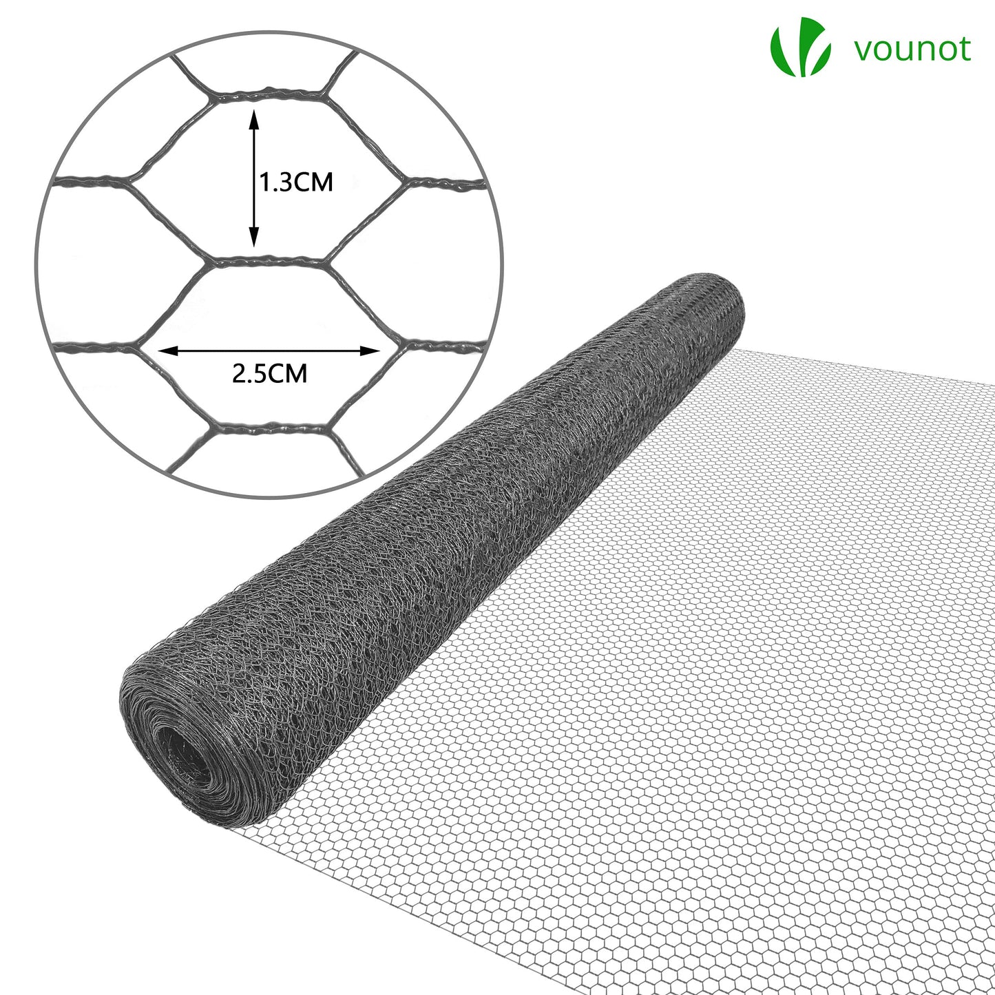 VOUNOT Chicken Wire Mesh Roll, PVC Coated Hexagonal Wire Mesh Fencing, Wire Poultry Netting, 1m x 25m, Hole Size: 13mm, Grey